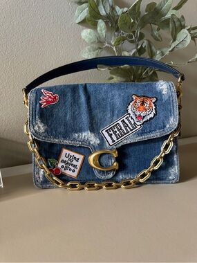 Loved Coach Denim Patch Shoulder Bag with Gold Chain and Navy Strap